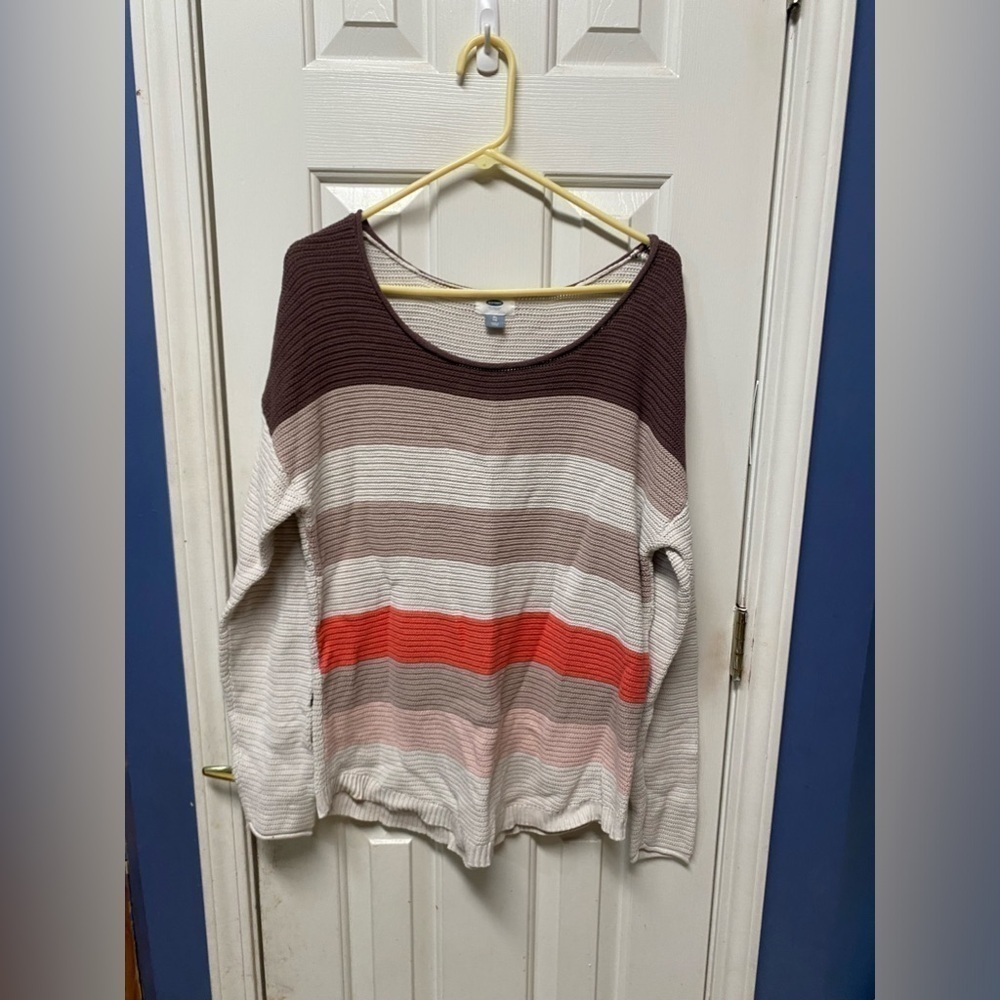 Old Navy Sweater Womens Sz XL Beige Brown Striped Drop Shoulder Pullover